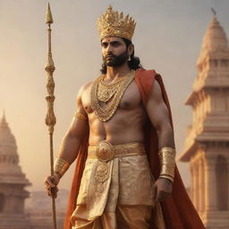 Lord Ram standing majestically in Ayodhya, adorned in royal attire with a golden crown, celestial jewelries, and holding bow and arrows. Background shows the architectural grandeur of Ayodhya, bathing in the soft golden glow of a setting sun.