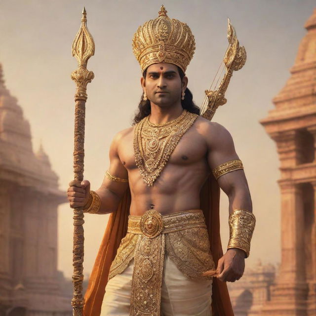 Lord Ram standing majestically in Ayodhya, adorned in royal attire with a golden crown, celestial jewelries, and holding bow and arrows. Background shows the architectural grandeur of Ayodhya, bathing in the soft golden glow of a setting sun.