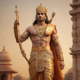 Lord Ram standing majestically in Ayodhya, adorned in royal attire with a golden crown, celestial jewelries, and holding bow and arrows. Background shows the architectural grandeur of Ayodhya, bathing in the soft golden glow of a setting sun.