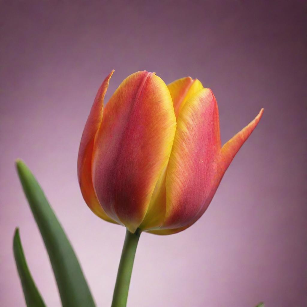 A perfect tulip glowing with vibrant colors against a contrasting, serene background.