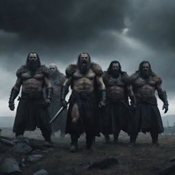 A dark fantasy scene featuring a group of grizzled warriors standing together, the Grim Company, in an ominous, Gothic landscape under a stormy sky.