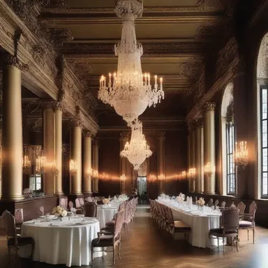 The grandiose dining hall featured exquisite chandeliers and ornate tables, providing the perfect setting for a luxurious repast.