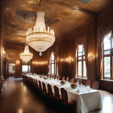 The grandiose dining hall featured exquisite chandeliers and ornate tables, providing the perfect setting for a luxurious repast.