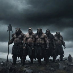 A dark fantasy scene featuring a group of grizzled warriors standing together, the Grim Company, in an ominous, Gothic landscape under a stormy sky.