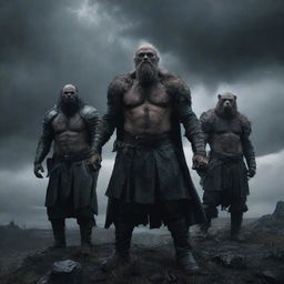 A dark fantasy scene featuring a group of grizzled warriors standing together, the Grim Company, in an ominous, Gothic landscape under a stormy sky.