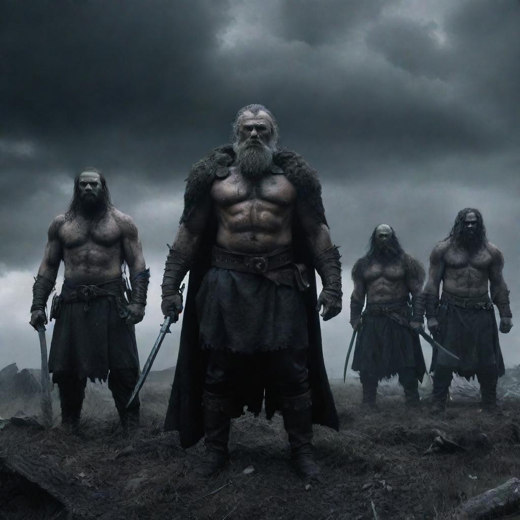 A dark fantasy scene featuring a group of grizzled warriors standing together, the Grim Company, in an ominous, Gothic landscape under a stormy sky.