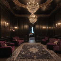 A lavishly decorated private members club with dark, opulent tones signifying exclusivity and grandeur, named 'The Grim'.