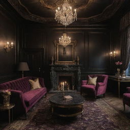 A lavishly decorated private members club with dark, opulent tones signifying exclusivity and grandeur, named 'The Grim'.