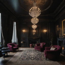 A lavishly decorated private members club with dark, opulent tones signifying exclusivity and grandeur, named 'The Grim'.