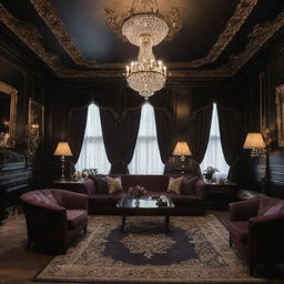 A lavishly decorated private members club with dark, opulent tones signifying exclusivity and grandeur, named 'The Grim'.