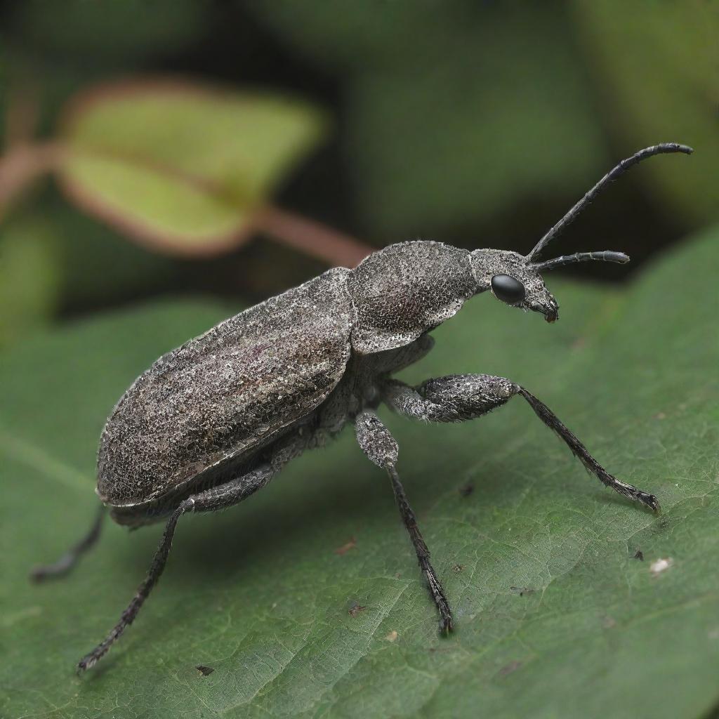 A detailed and realistic rendition of Rhynchites Hungaricus (a species of weevil) in its natural environment, highlighting its unique body structure, coloration, and texture.