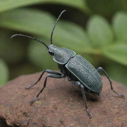 A detailed and realistic rendition of Rhynchites Hungaricus (a species of weevil) in its natural environment, highlighting its unique body structure, coloration, and texture.