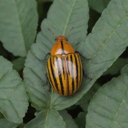 An intricately detailed image of the Patates Böceği (Colorado Potato Beetle), highlighting its distinctive yellow and black striped shell and environment on potato leaves.