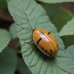 An intricately detailed image of the Patates Böceği (Colorado Potato Beetle), highlighting its distinctive yellow and black striped shell and environment on potato leaves.