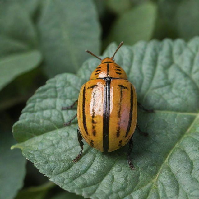 An intricately detailed image of the Patates Böceği (Colorado Potato Beetle), highlighting its distinctive yellow and black striped shell and environment on potato leaves.