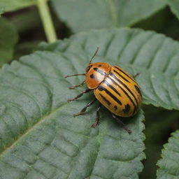 An intricately detailed image of the Patates Böceği (Colorado Potato Beetle), highlighting its distinctive yellow and black striped shell and environment on potato leaves.