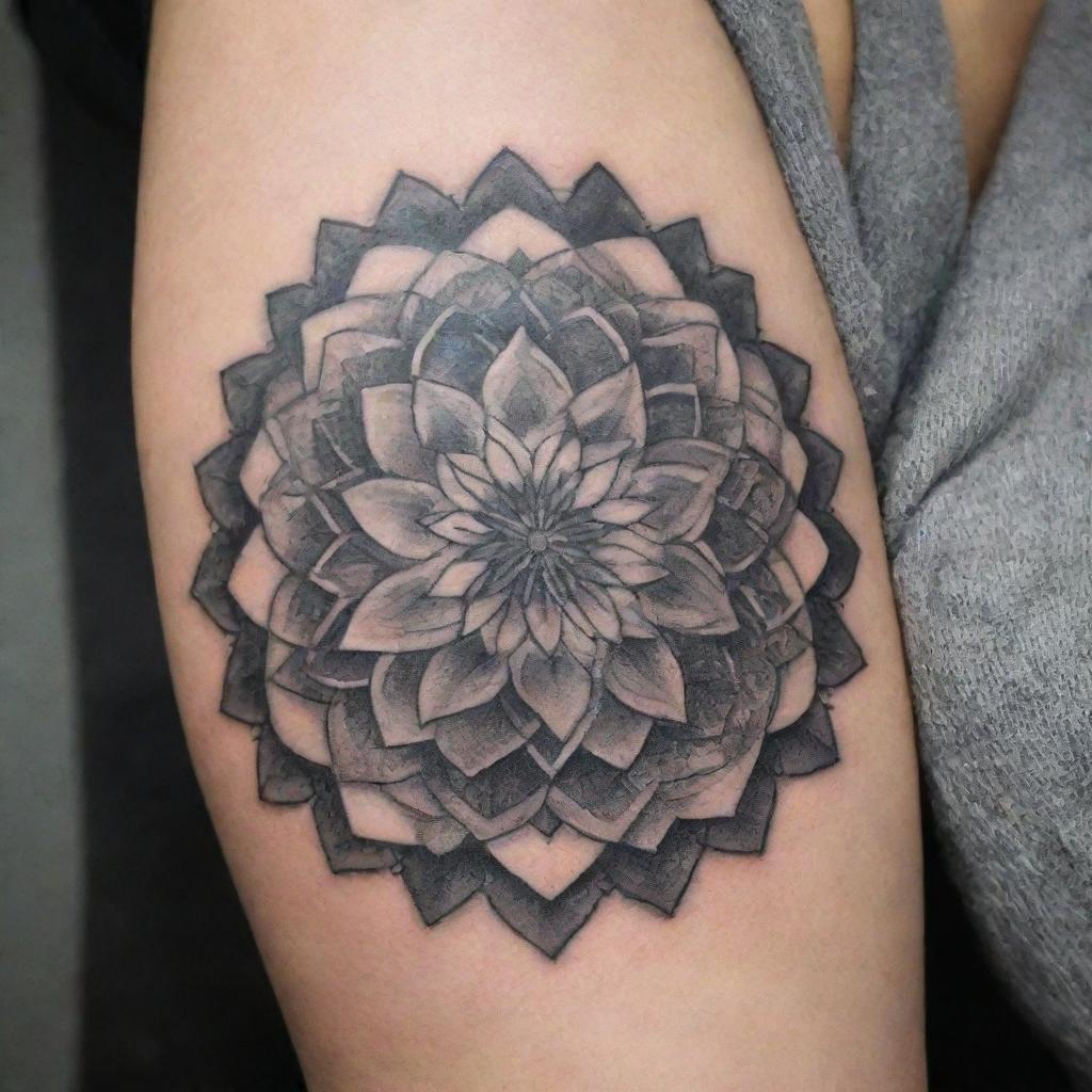 An intricate mandala tattoo, styled with layers of geometric lines and shapes, imbued with the winter vibe of December, incorporating Narcissus, the December birth flower, into its design for a unique personal touch