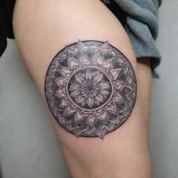 An intricate mandala tattoo, styled with layers of geometric lines and shapes, imbued with the winter vibe of December, incorporating Narcissus, the December birth flower, into its design for a unique personal touch