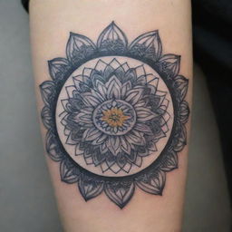 An intricate mandala tattoo, styled with layers of geometric lines and shapes, imbued with the winter vibe of December, incorporating Narcissus, the December birth flower, into its design for a unique personal touch