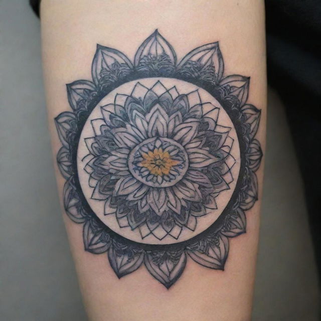 An intricate mandala tattoo, styled with layers of geometric lines and shapes, imbued with the winter vibe of December, incorporating Narcissus, the December birth flower, into its design for a unique personal touch