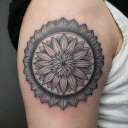 An intricate mandala tattoo, styled with layers of geometric lines and shapes, imbued with the winter vibe of December, incorporating Narcissus, the December birth flower, into its design for a unique personal touch