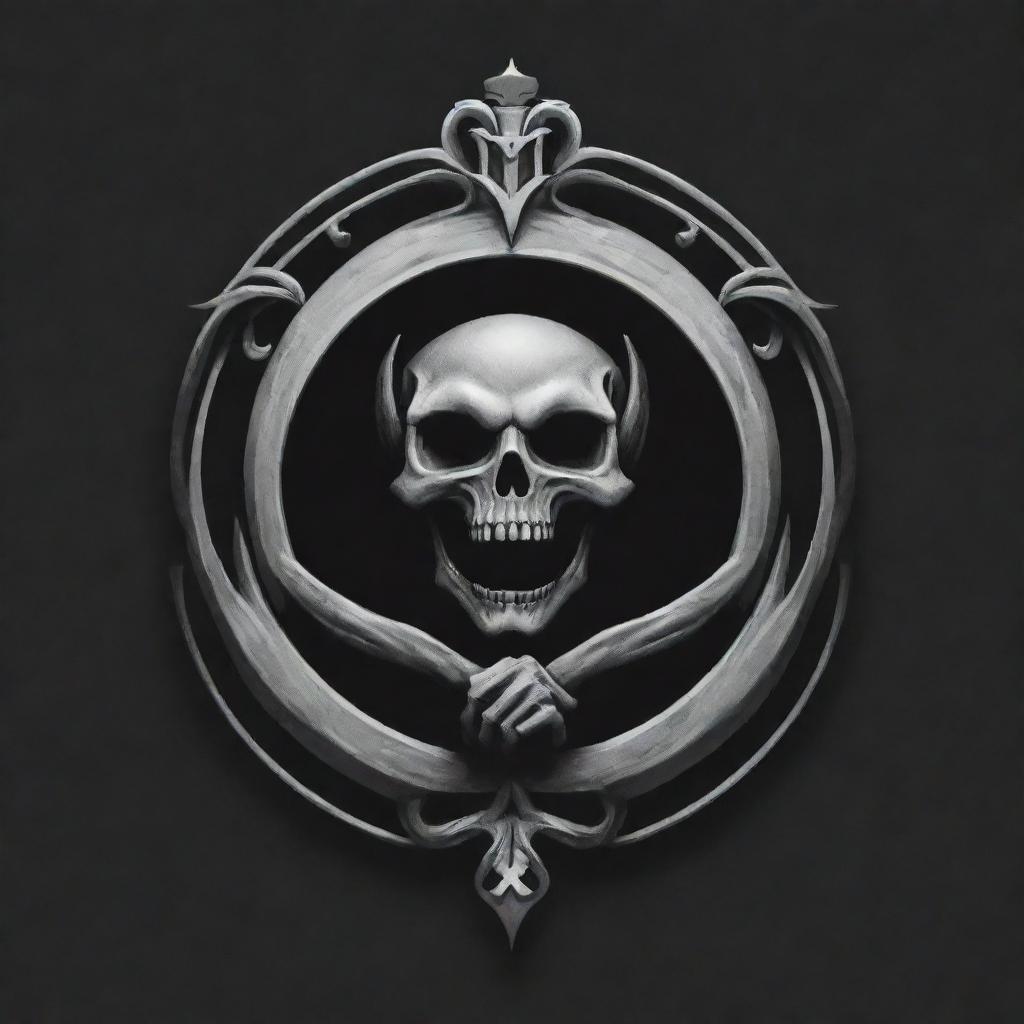 The Grim logo reimagined with features that convey nobility and brotherhood, incorporating symbolic elements like a crest or two clasped hands, while maintaining its striking appearance.