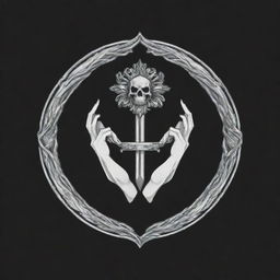 The Grim logo reimagined with features that convey nobility and brotherhood, incorporating symbolic elements like a crest or two clasped hands, while maintaining its striking appearance.