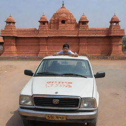 A school boy sitting on the hood of a car, parked in front of the Ram Mandir, with 'Tushar' inscribed somewhere prominent