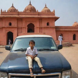 A school boy sitting on the hood of a car, parked in front of the Ram Mandir, with 'Tushar' inscribed somewhere prominent