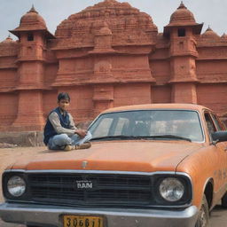 A school boy sitting on the hood of a car, parked in front of the Ram Mandir, with 'Tushar' inscribed somewhere prominent