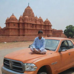 A school boy sitting on the hood of a car, parked in front of the Ram Mandir, with 'Tushar' inscribed somewhere prominent