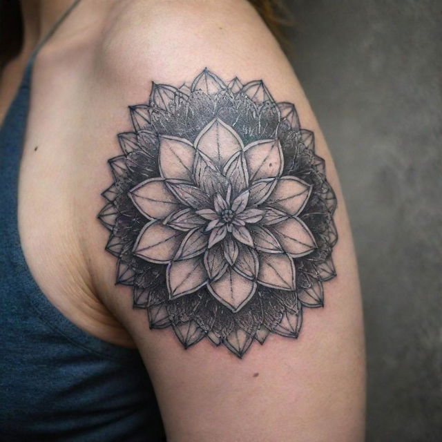 An exquisitely detailed mandala tattoo, each layer teeming with complex geometric shapes and lines, enveloping a meticulously designed Narcissus, the December birth flower. Frost-tipped petals glisten, reflecting the chill of winter, making the design deeply personal and unique