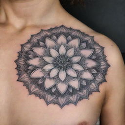 An exquisitely detailed mandala tattoo, each layer teeming with complex geometric shapes and lines, enveloping a meticulously designed Narcissus, the December birth flower. Frost-tipped petals glisten, reflecting the chill of winter, making the design deeply personal and unique