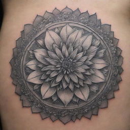 An exquisitely detailed mandala tattoo, each layer teeming with complex geometric shapes and lines, enveloping a meticulously designed Narcissus, the December birth flower. Frost-tipped petals glisten, reflecting the chill of winter, making the design deeply personal and unique