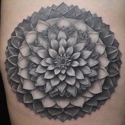 An exquisitely detailed mandala tattoo, each layer teeming with complex geometric shapes and lines, enveloping a meticulously designed Narcissus, the December birth flower. Frost-tipped petals glisten, reflecting the chill of winter, making the design deeply personal and unique