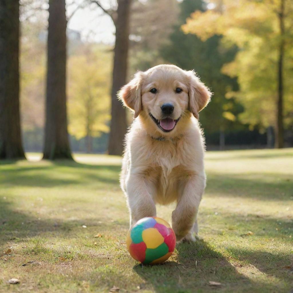 A golden retriever puppy playing with a multicolored ball in a sunny park, with tall trees in the background casting long shadows.