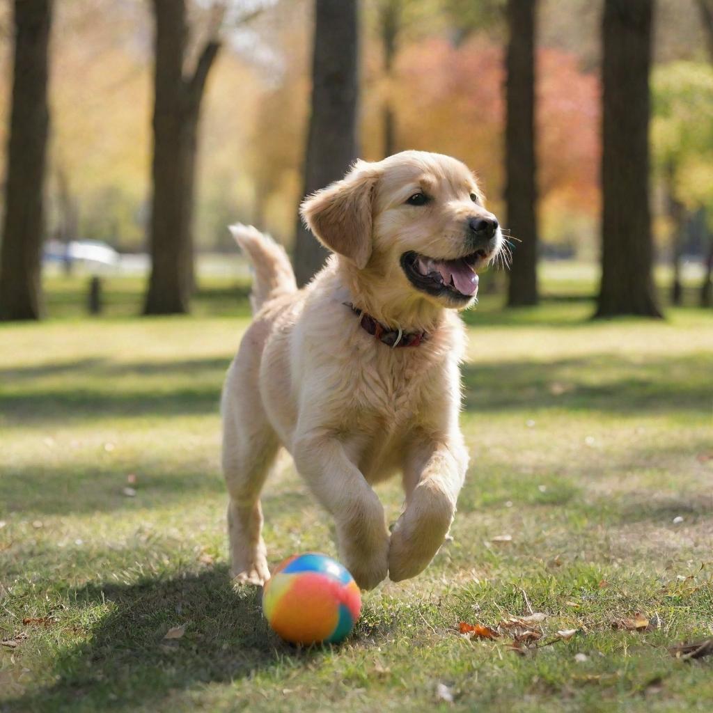 A golden retriever puppy playing with a multicolored ball in a sunny park, with tall trees in the background casting long shadows.