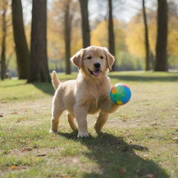 A golden retriever puppy playing with a multicolored ball in a sunny park, with tall trees in the background casting long shadows.