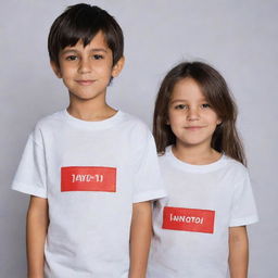 A boy and a girl, both wearing matching shirts. The boy's shirt features a tag marked '1 January', while the girl's shirt has a tag with '22 January'.