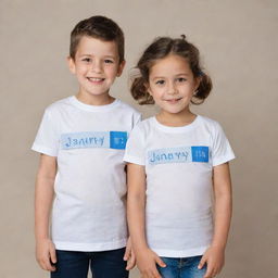 A boy and a girl, both wearing matching shirts. The boy's shirt features a tag marked '1 January', while the girl's shirt has a tag with '22 January'.