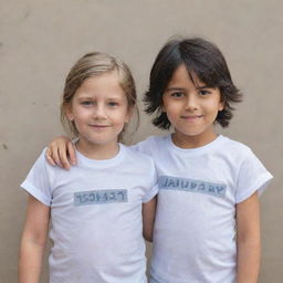 A boy and a girl, both wearing matching shirts. The boy's shirt features a tag marked '1 January', while the girl's shirt has a tag with '22 January'.