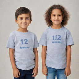 A boy and a girl, both wearing matching shirts. The boy's shirt features a tag marked '1 January', while the girl's shirt has a tag with '22 January'.