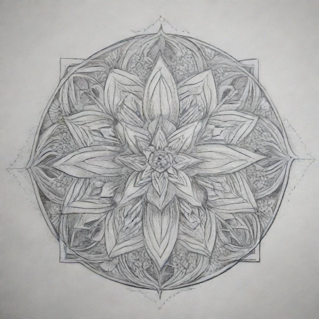 A two-dimensional mandala tattoo, composed entirely of intricate, artful lines. The design is centered around a meticulously outlined Narcissus, the December birth flower, set against a backdrop of symmetrical geometric patterns and shapes, exuding a distinct winter feel