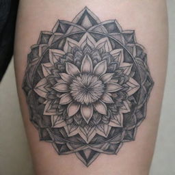 A two-dimensional mandala tattoo, composed entirely of intricate, artful lines. The design is centered around a meticulously outlined Narcissus, the December birth flower, set against a backdrop of symmetrical geometric patterns and shapes, exuding a distinct winter feel