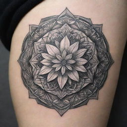 A two-dimensional mandala tattoo, composed entirely of intricate, artful lines. The design is centered around a meticulously outlined Narcissus, the December birth flower, set against a backdrop of symmetrical geometric patterns and shapes, exuding a distinct winter feel