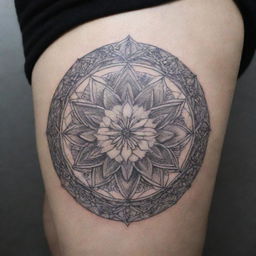 A two-dimensional mandala tattoo, composed entirely of intricate, artful lines. The design is centered around a meticulously outlined Narcissus, the December birth flower, set against a backdrop of symmetrical geometric patterns and shapes, exuding a distinct winter feel