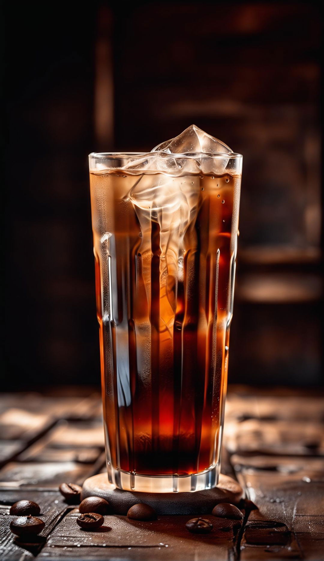 Product photography of an iced long black coffee in a clear glass on a rustic wooden table with a blurred background.