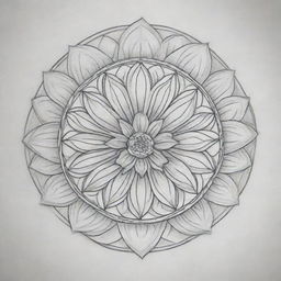 Design a 2D mandala tattoo composed entirely of precise lines. The centrepiece is a carefully designed Narcissus, December's birth flower, encircled by symmetrical geometric patterns that imbue the overall design with a unique winter essence