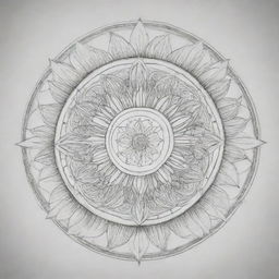 Design a 2D mandala tattoo composed entirely of precise lines. The centrepiece is a carefully designed Narcissus, December's birth flower, encircled by symmetrical geometric patterns that imbue the overall design with a unique winter essence