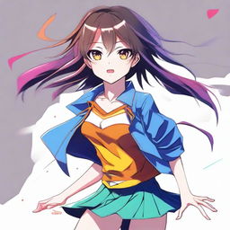 A digital art image featuring an anime-style girl in a playful pose, lifting the edge of her skirt slightly